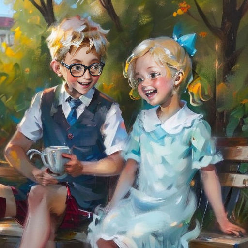 a painting of two children sitting on a bench together, one holding a cup and the other holding a bowl