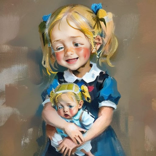 a painting of a little girl holding a baby doll in her arms and smiling at the camera with a smile on her face