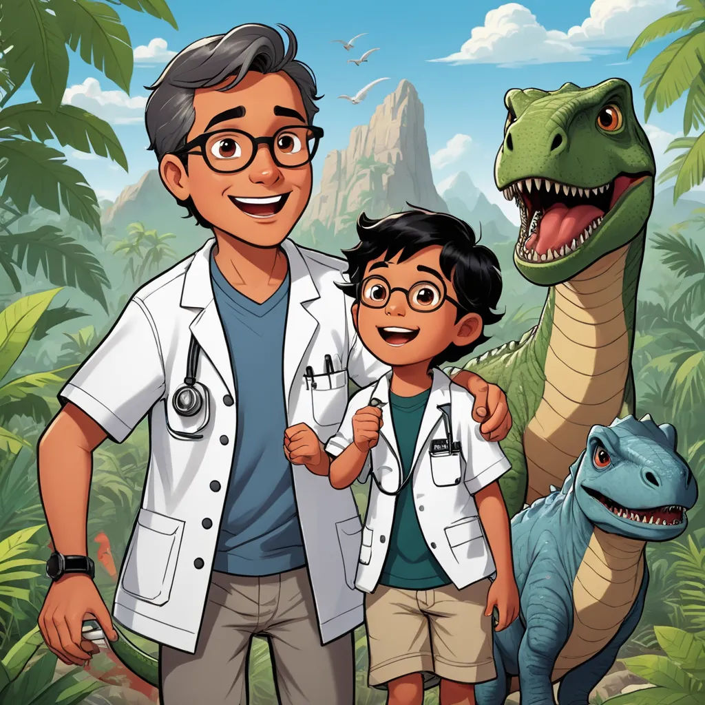 a man and a boy standing in front of a dinosaur and a dinosaur with a stethoscope, sots art, a storybook illustration, Abidin Dino, comic cover art