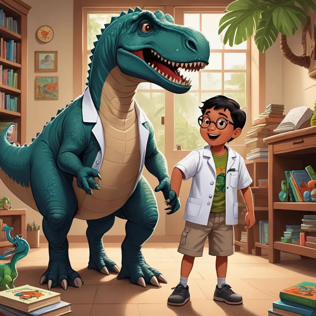a boy and a dinosaur in a room with bookshelves and a bookcase full of books and a book, sots art, a storybook illustration, Adam Rex, promotional image