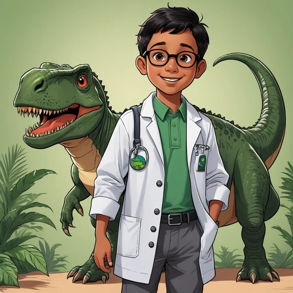 a boy in a lab coat standing next to a dinosaur with a stethoscope on his chest, sots art, a character portrait, Abidin Dino, character portrait