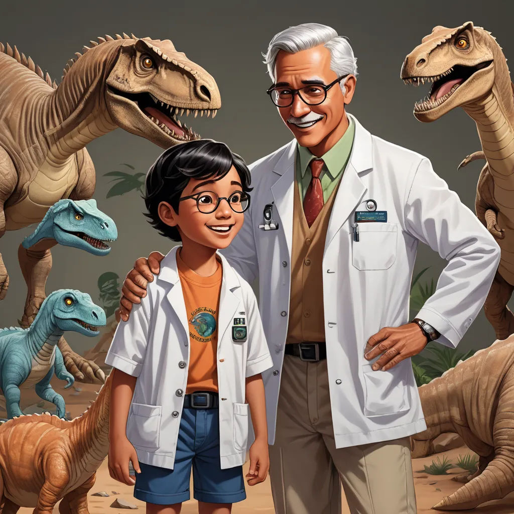 a man and a boy standing in front of a dinosaur mural of a doctor and a child with dinosaurs, sots art, a storybook illustration, Adam Rex, official art