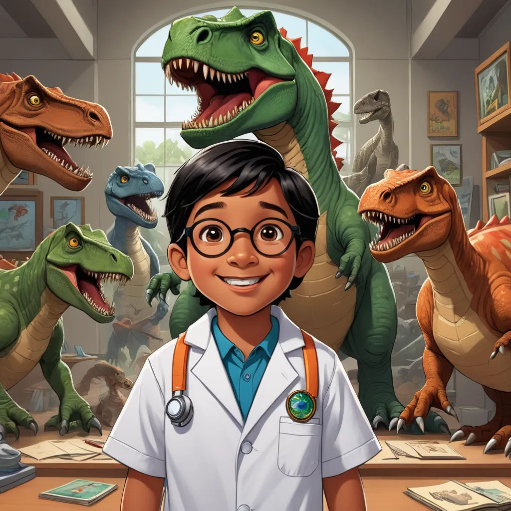 a boy in a white lab coat standing in front of a group of dinosaurs in a museum with a doctor in the background, sots art, a storybook illustration, Adam Rex, promotional image