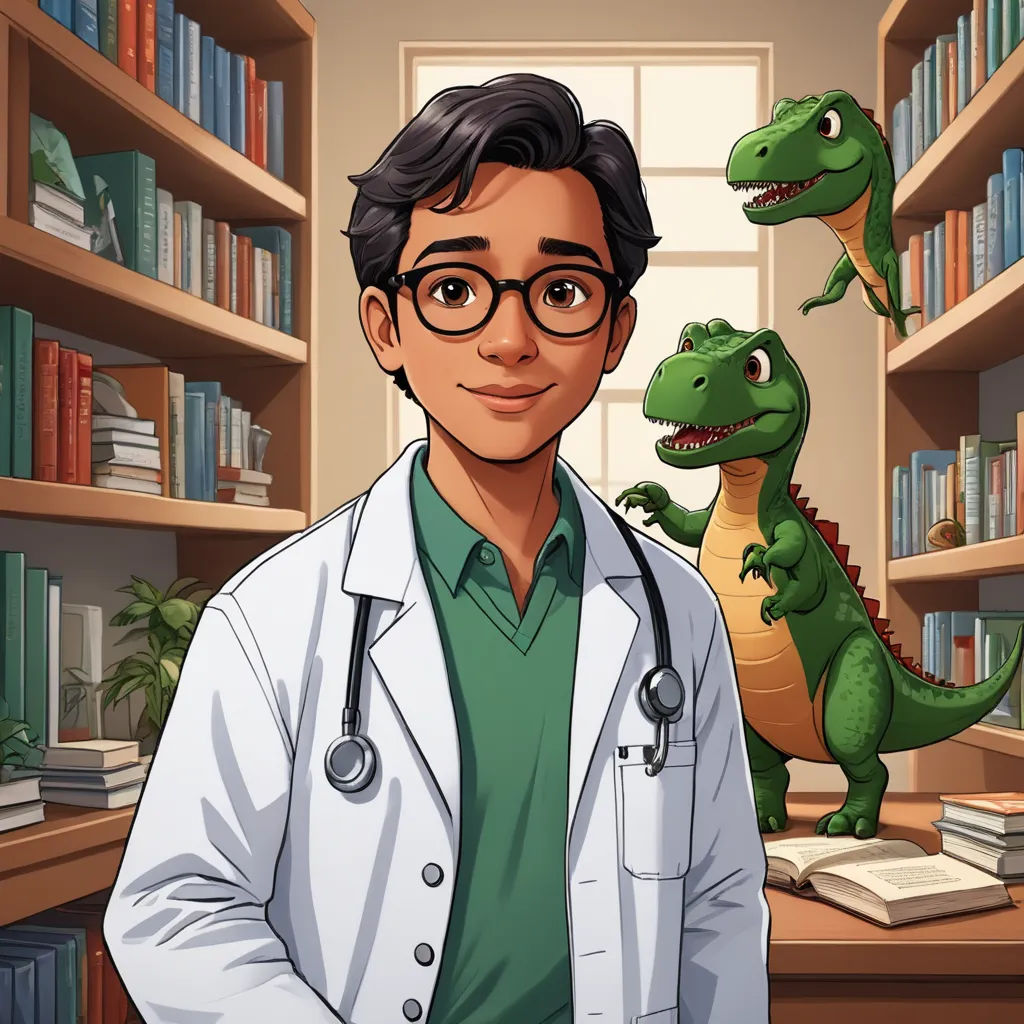 a cartoon of a doctor and a dinosaur in a library with bookshelves and books on the shelves, sots art, a character portrait, Abidin Dino, character portrait