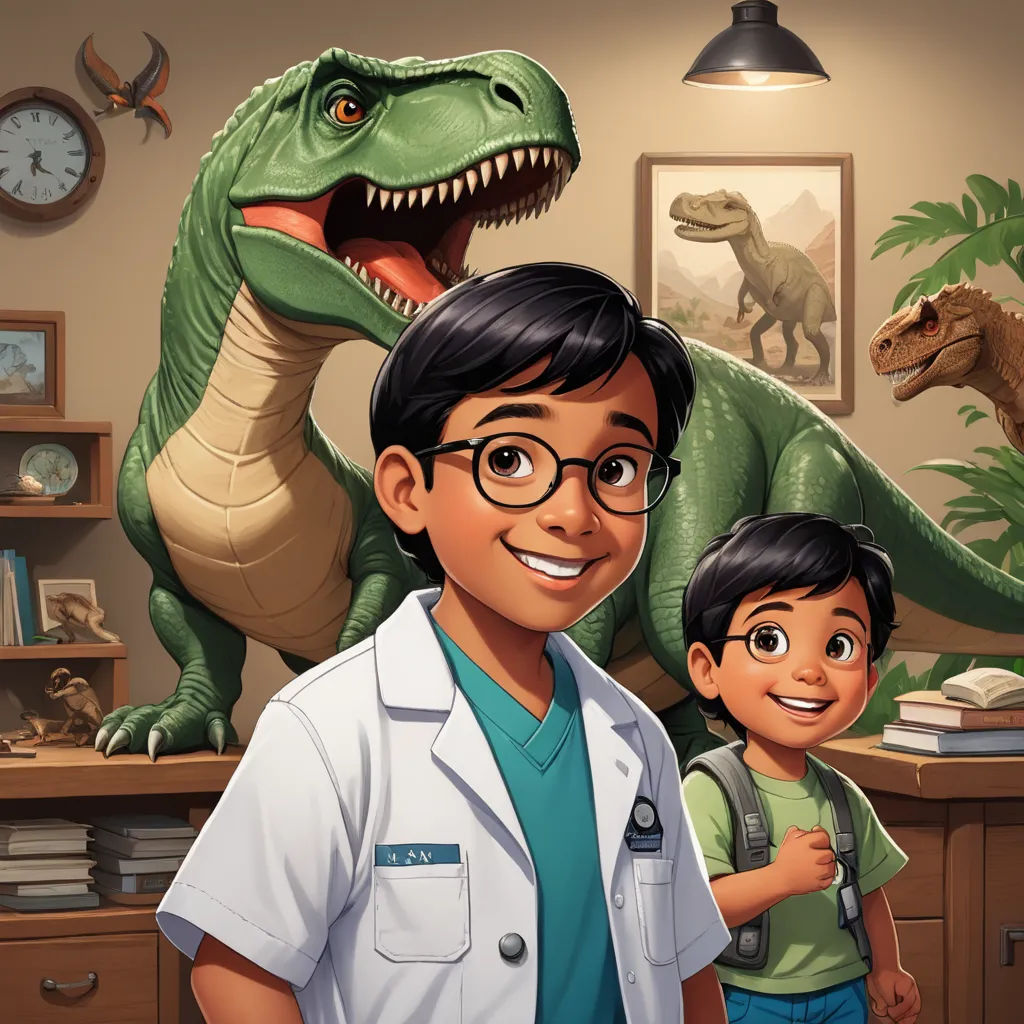 a cartoon of a doctor and a boy in front of a dinosaur and a clock on a wall with a dinosaur, sots art, a storybook illustration, Adam Rex, promotional image