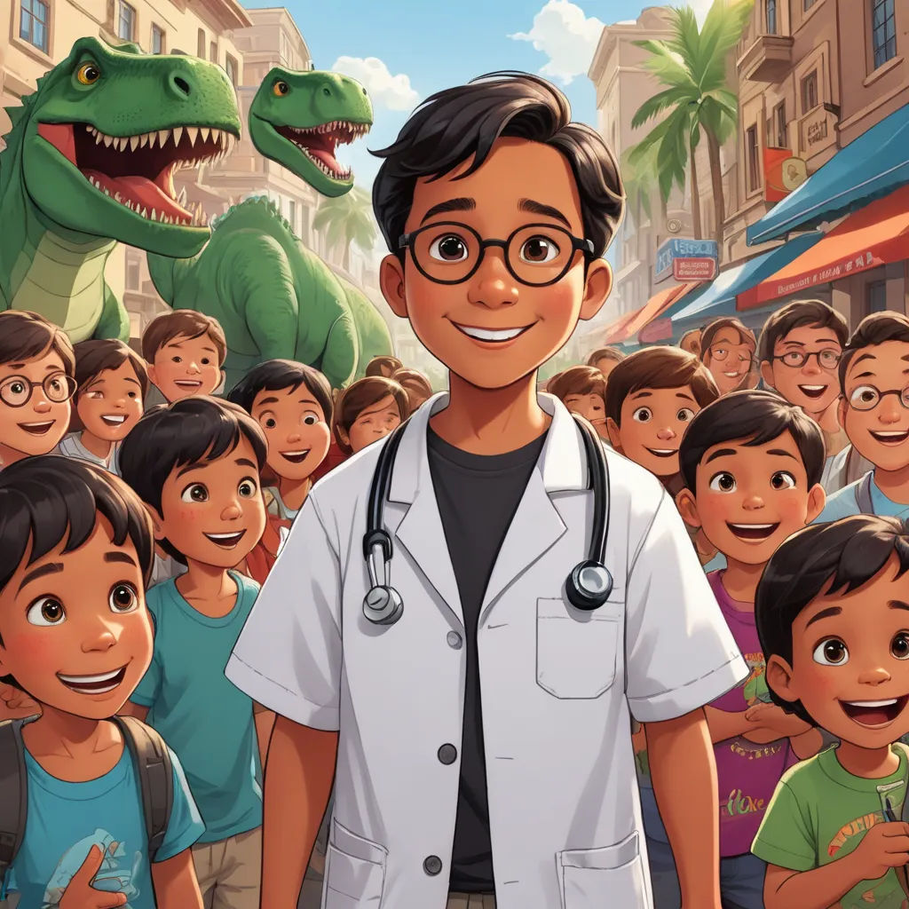a cartoon of a doctor standing in front of a crowd of children with a dinosaur in the background and a dinosaur on the wall, samikshavad, a storybook illustration, Abidin Dino, promotional image