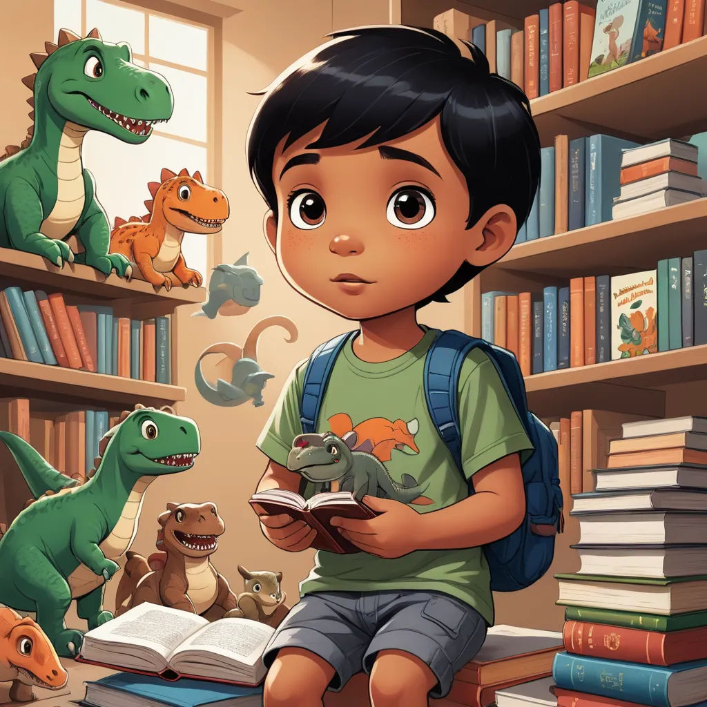 a boy reading a book in front of a bookcase with dinosaurs on it and a bookcase full of books, photorealism, a storybook illustration, Chris LaBrooy, storybook illustration