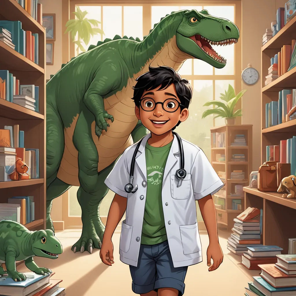 a boy in a green shirt and a dinosaur in a library with books on shelves and a clock on the wall, sots art, a storybook illustration, Adam Rex, promotional image