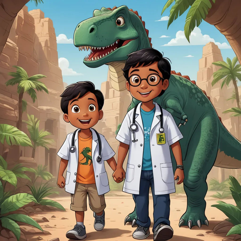 a boy and a boy are standing in front of a dinosaur and a man is holding hands with a dinosaur, sots art, a storybook illustration, Abidin Dino, promotional image