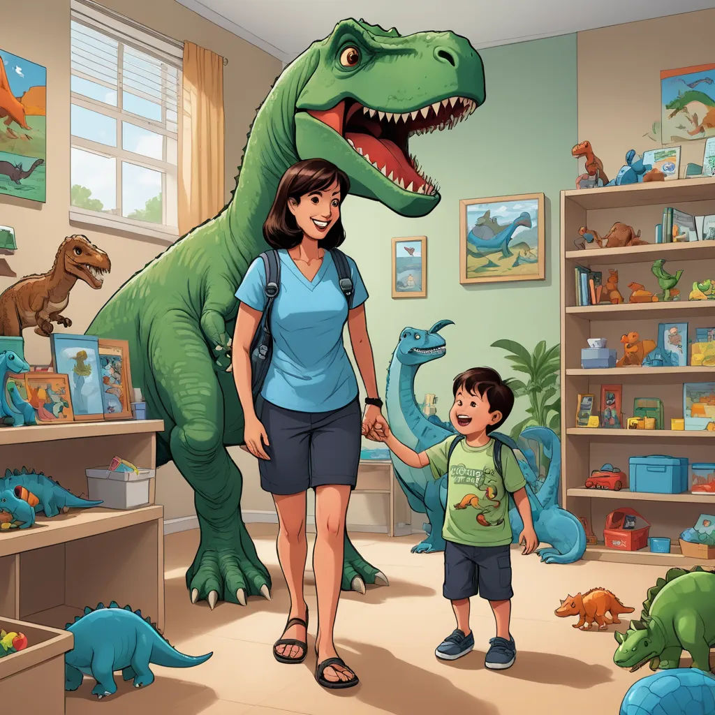 a woman and a child are standing in a room with dinosaurs and a dinosaur statue on the wall behind them, lyco art, a storybook illustration, Adam Rex, storybook illustration