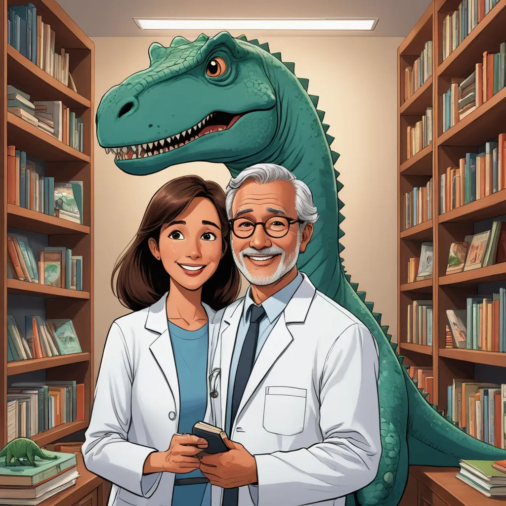 a man and woman are standing in front of a dinosaur in a library with bookshelves and books, sots art, a storybook illustration, Adam Rex, official art