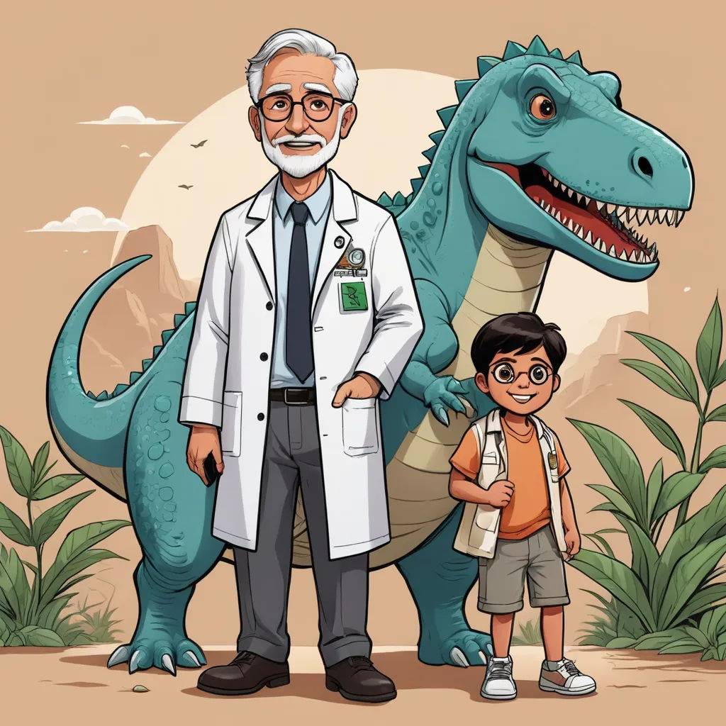 a man and a boy standing next to a dinosaur with a doctor's coat on and a stethoscope, sots art, a storybook illustration, Adam Rex, rossdraws global illumination