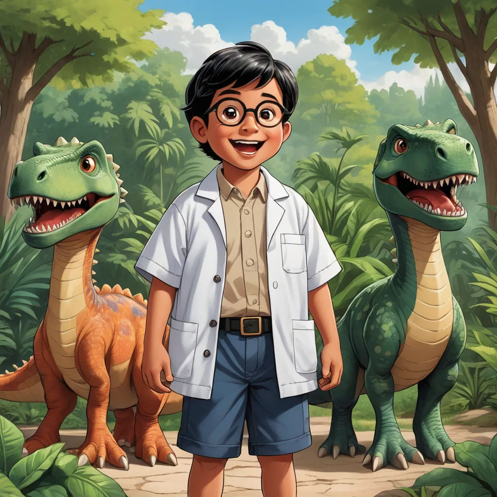a boy standing in front of a dinosaur in a forest with another dinosaur in the background and a man in the foreground, sots art, a storybook illustration, Adam Rex, key art