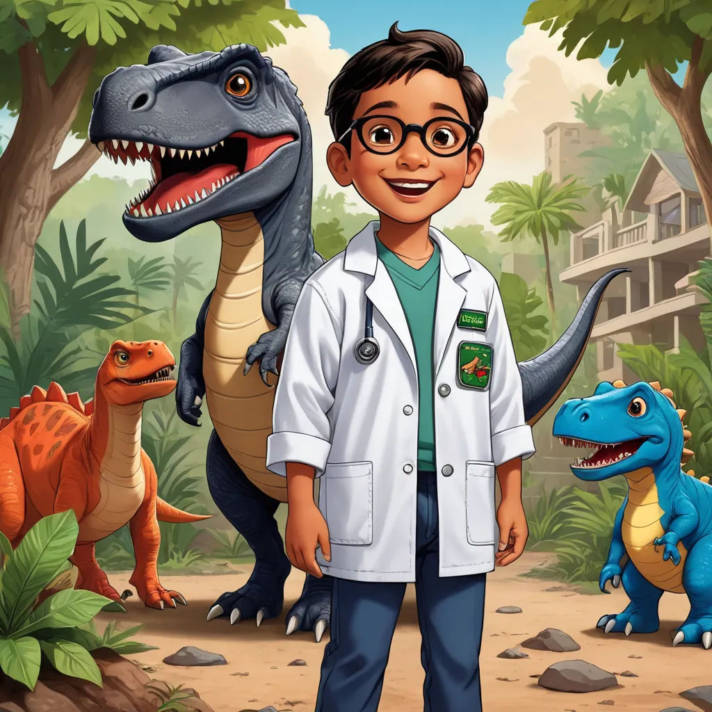 a boy in a lab coat standing next to a dinosaur and a dinosaur in a jungle setting with a building in the background, sots art, a character portrait, Adam Rex, key art