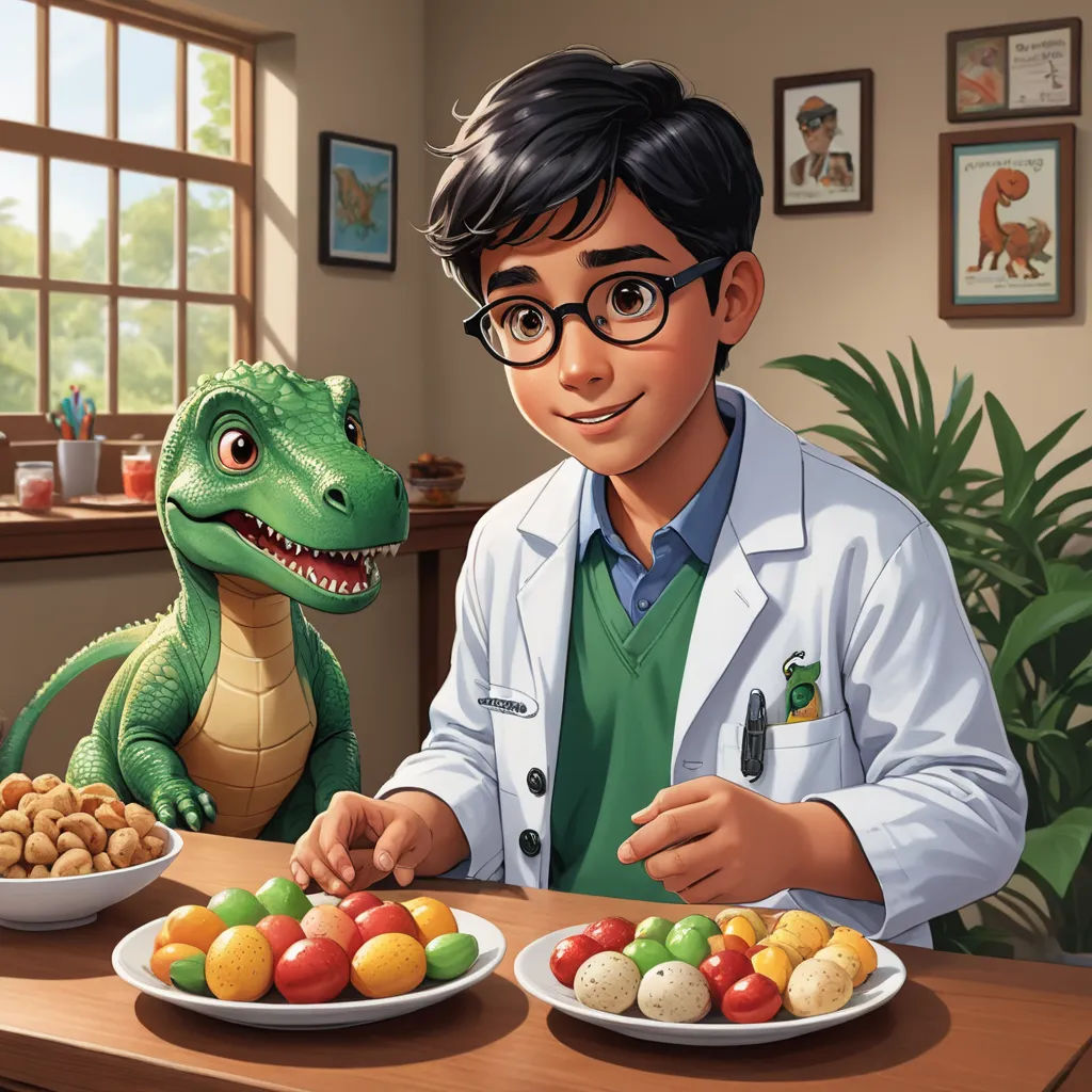 a boy in a lab coat is eating a dinosaur and a plate of fruit and vegetables on a table, american scene painting, a storybook illustration, Chris LaBrooy, promotional image