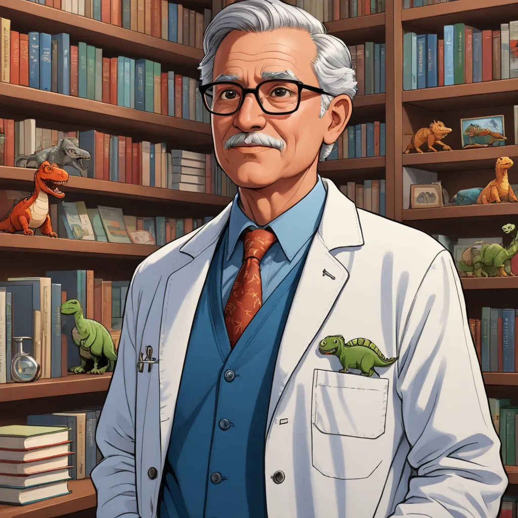 a man in a white coat and glasses standing in front of a bookshelf with dinosaurs on it, academic art, a character portrait, Adam Rex, official art