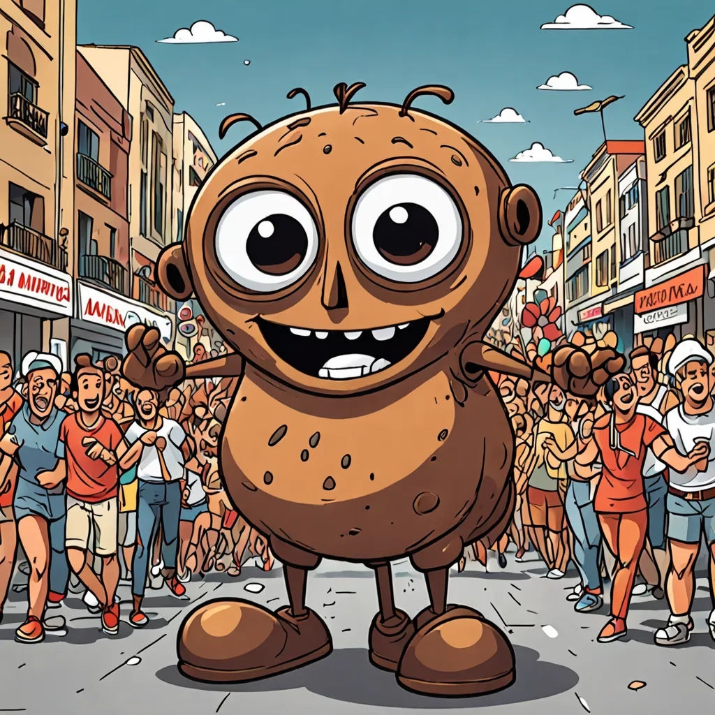 a cartoon character is standing in front of a crowd of people in a city street with buildings and people in the background, sots art, a character portrait, Chris LaBrooy, promotional image