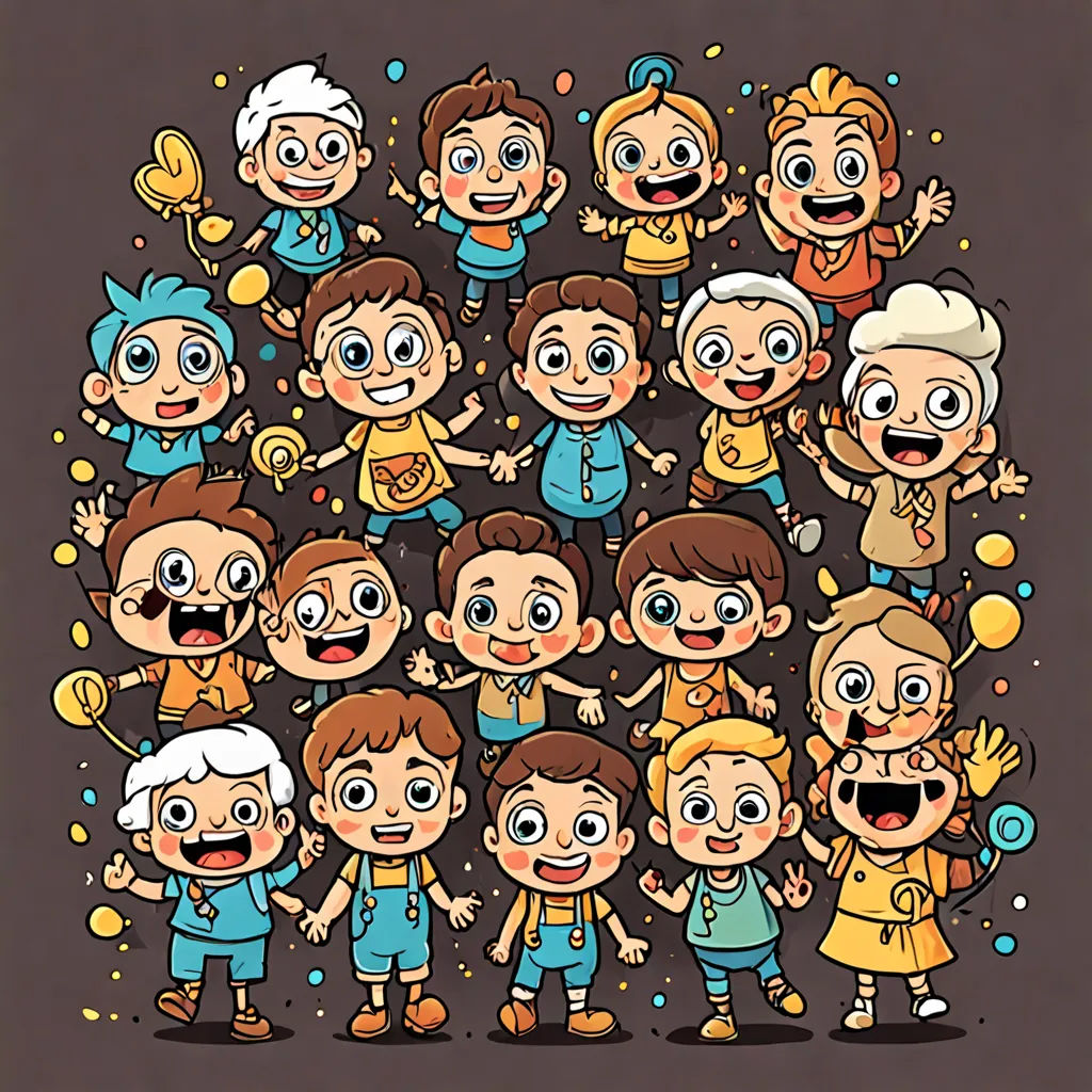 a group of cartoon children with different expressions and expressions on a brown background with a black background and a brown background, incoherents, a storybook illustration, Diego Gisbert Llorens, rossdraws global illumination