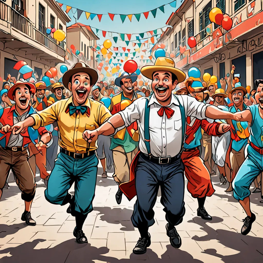 a group of men dancing in a street with balloons and buntings on the sides of the street, kitsch movement, a comic book panel, Brothers Hildebrandt, official art