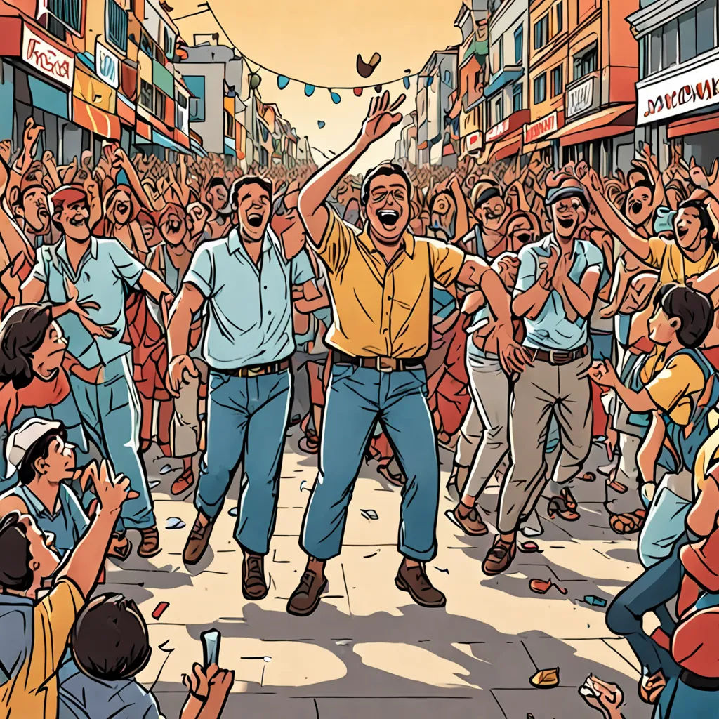 a man is dancing in front of a crowd of people in a city street with a kite flying in the air, samikshavad, a comic book panel, Asaf Hanuka, graphic novel