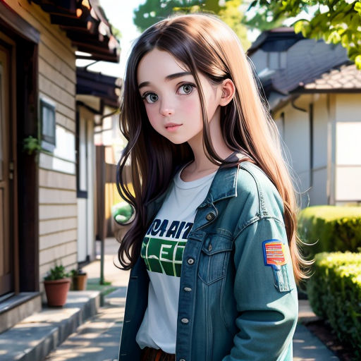 a girl in a green jacket and a white shirt is standing outside a house with a green tree in the background