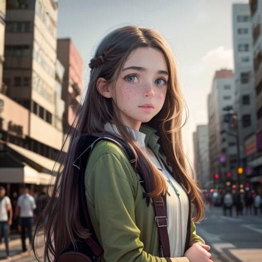 a girl with long hair and a backpack on a city street with buildings in the background and people walking on the sidewalk