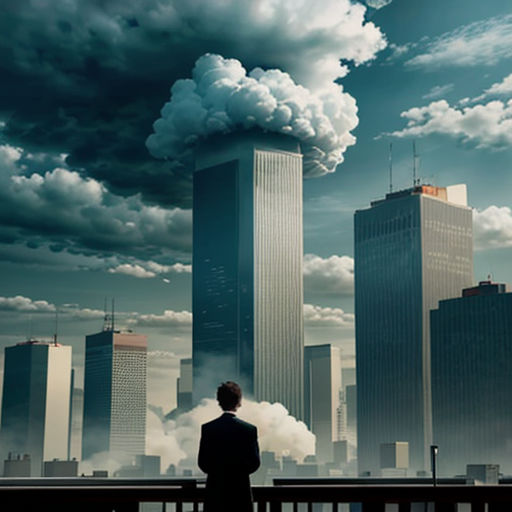 a man standing on a bridge looking at a city with smoke billowing out of it's towers
