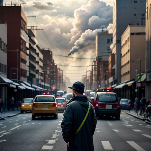 a man standing on the side of a road next to a bunch of cars and buildings with smoke coming out of the stacks