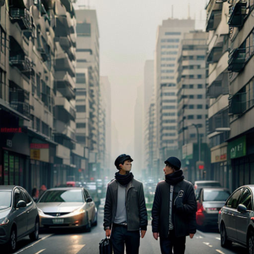 two men walking down a street in a city with tall buildings and cars on both sides of the street