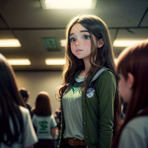 a girl standing in a room with other girls around her looking at something in the distance with a serious look on her face