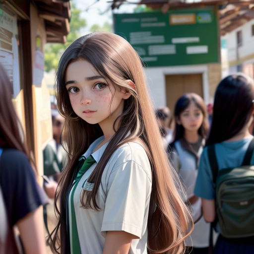 a young girl with long hair standing in front of a group of people in a line of people with backpacks