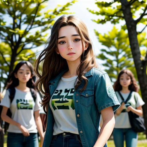 a group of young women standing next to each other in a park with trees in the background and a woman in a white shirt