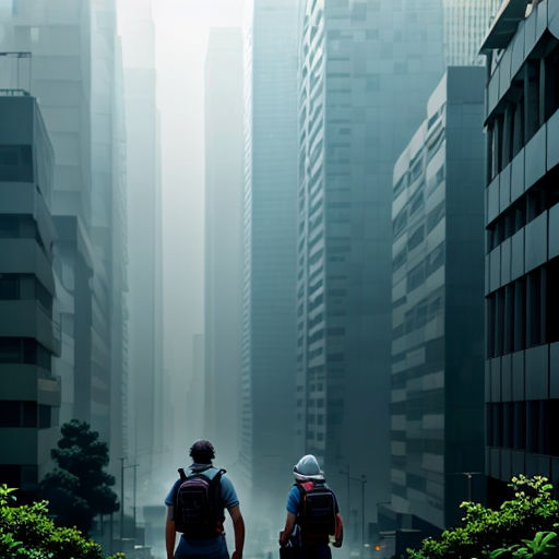 two people walking down a street in a city with tall buildings in the background and a foggy sky