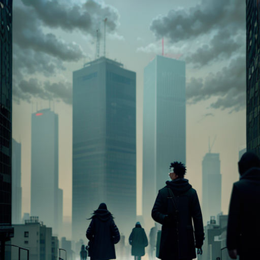 a couple of people walking down a street next to tall buildings in a city at night time with fog