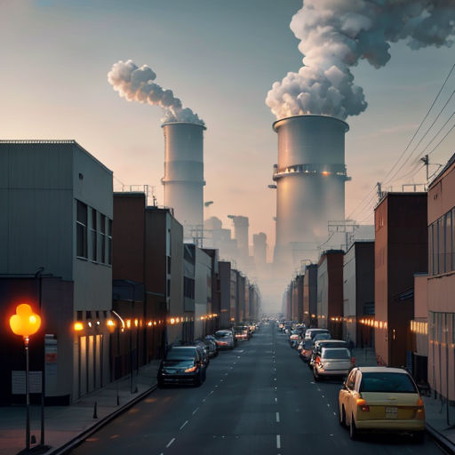 a city street with cars and smoke stacks in the sky and buildings on both sides of the street and a yellow car parked on the side of the road