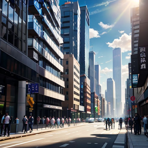 a city street with people walking and riding bikes on it, and tall buildings in the background, with a bright blue sky