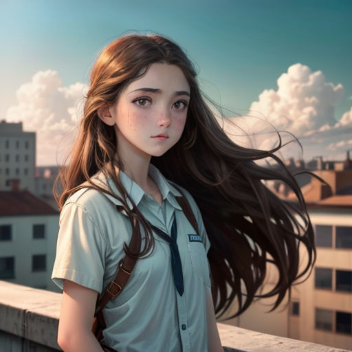 a girl with long hair standing on a balcony with buildings in the background and clouds in the sky above