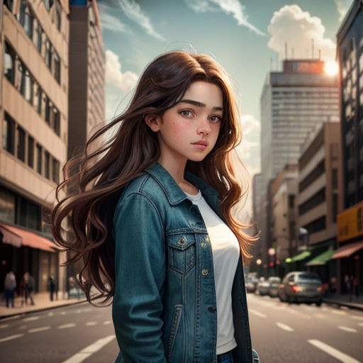a woman standing on the side of a road in a city with tall buildings and a sky background with clouds