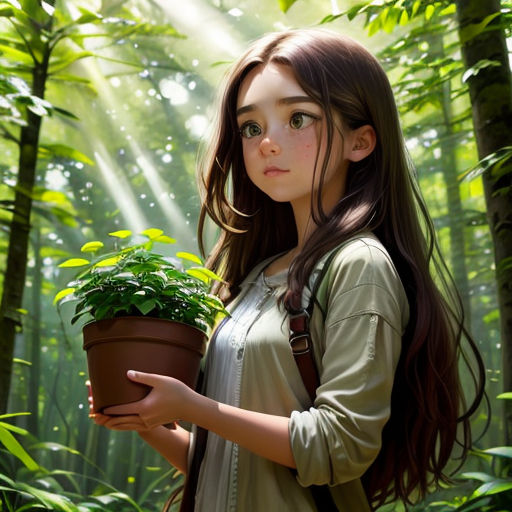 a girl holding a potted plant in a forest with sunlight streaming through the trees and leaves on the ground