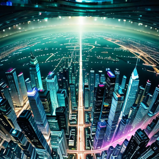 a futuristic city with a lot of tall buildings and lights at night time, with a bright light at the top of the picture
