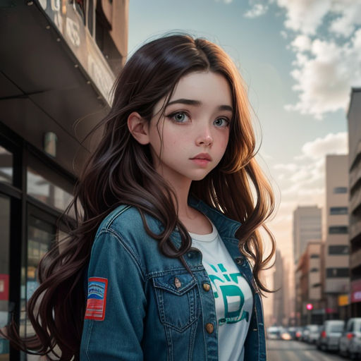 a girl in a jean jacket standing on a street corner with a building in the background and a cloudy sky