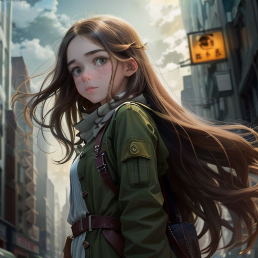 a girl with long hair standing in the middle of a city street with a green jacket on and a green coat on