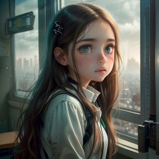 a girl looking out a window at the city outside of a window with a sad look on her face