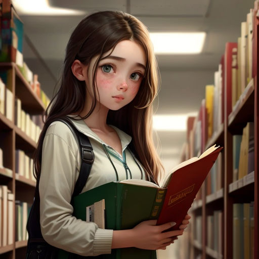 a girl is standing in a library holding a book and looking at the camera with a serious look on her face