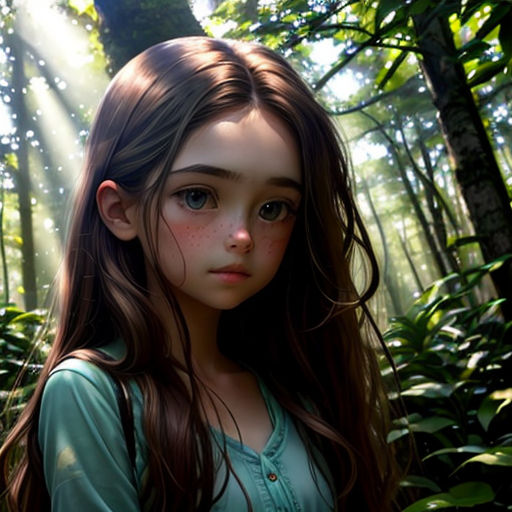 a girl standing in the woods with a light shining through her hair and a green shirt on her shoulders