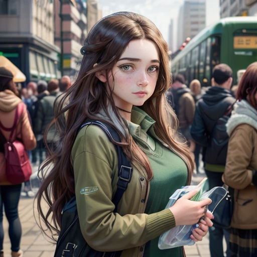 a woman standing on a street with a backpack on her shoulder and a bus in the background, with people walking on the street
