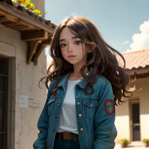 a young girl in a blue jacket and jeans standing outside a house with a white shirt on and a blue jacket on