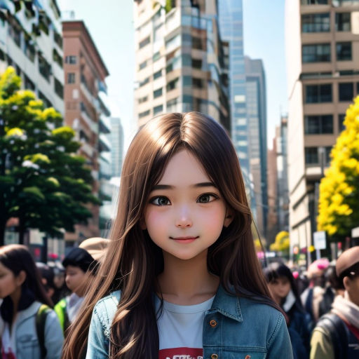 a young girl standing in a crowded city street with buildings in the background and a crowd of people walking around
