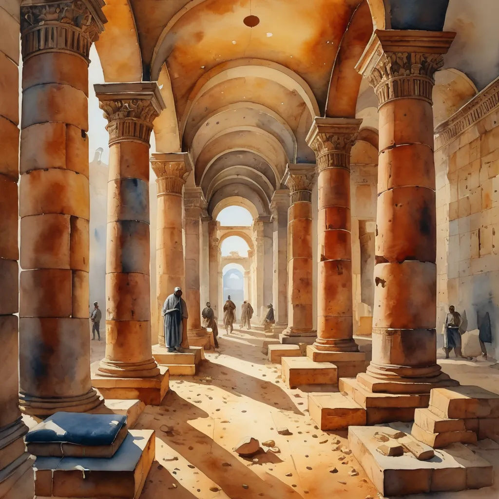 a painting of a hallway with columns and people walking around it and a man in a suit standing in the doorway, figurative art, egyptian art, Constantine Andreou, stanley artgermm