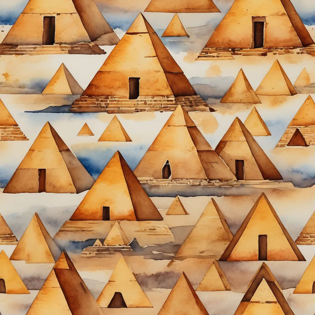 a painting of a pyramids with a sky background and a person standing in the doorway of one of them, abstract illusionism, egyptian art, Chris LaBrooy, in gouache detailed paintings